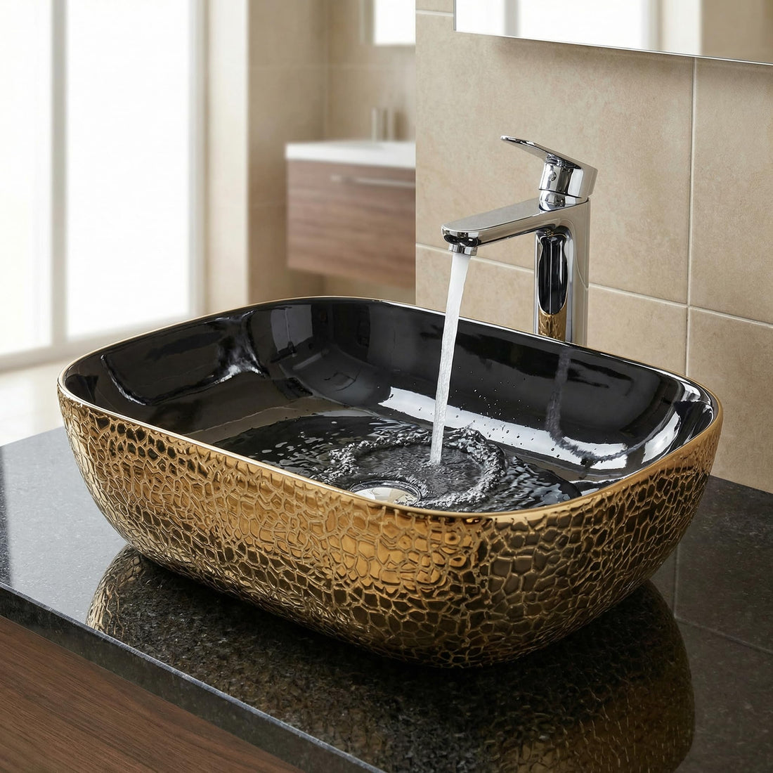 Vessel sinks for bathroom - InArt black and gold rectangular ceramic vessel sink 18x13 above counter basin