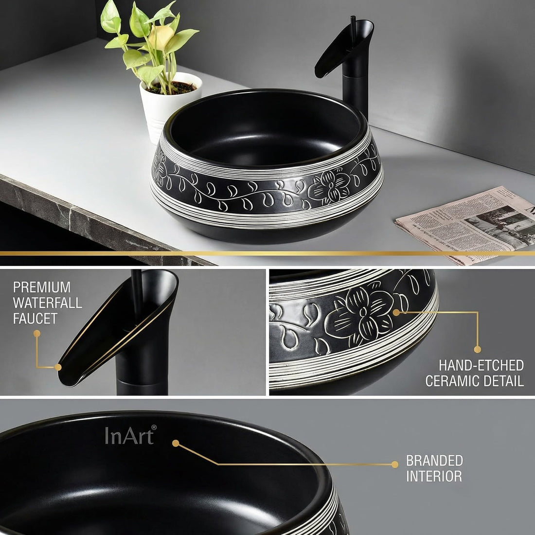 Black vessel sink InArt ceramic round matte black tabletop wash basin 42x42cm DW267