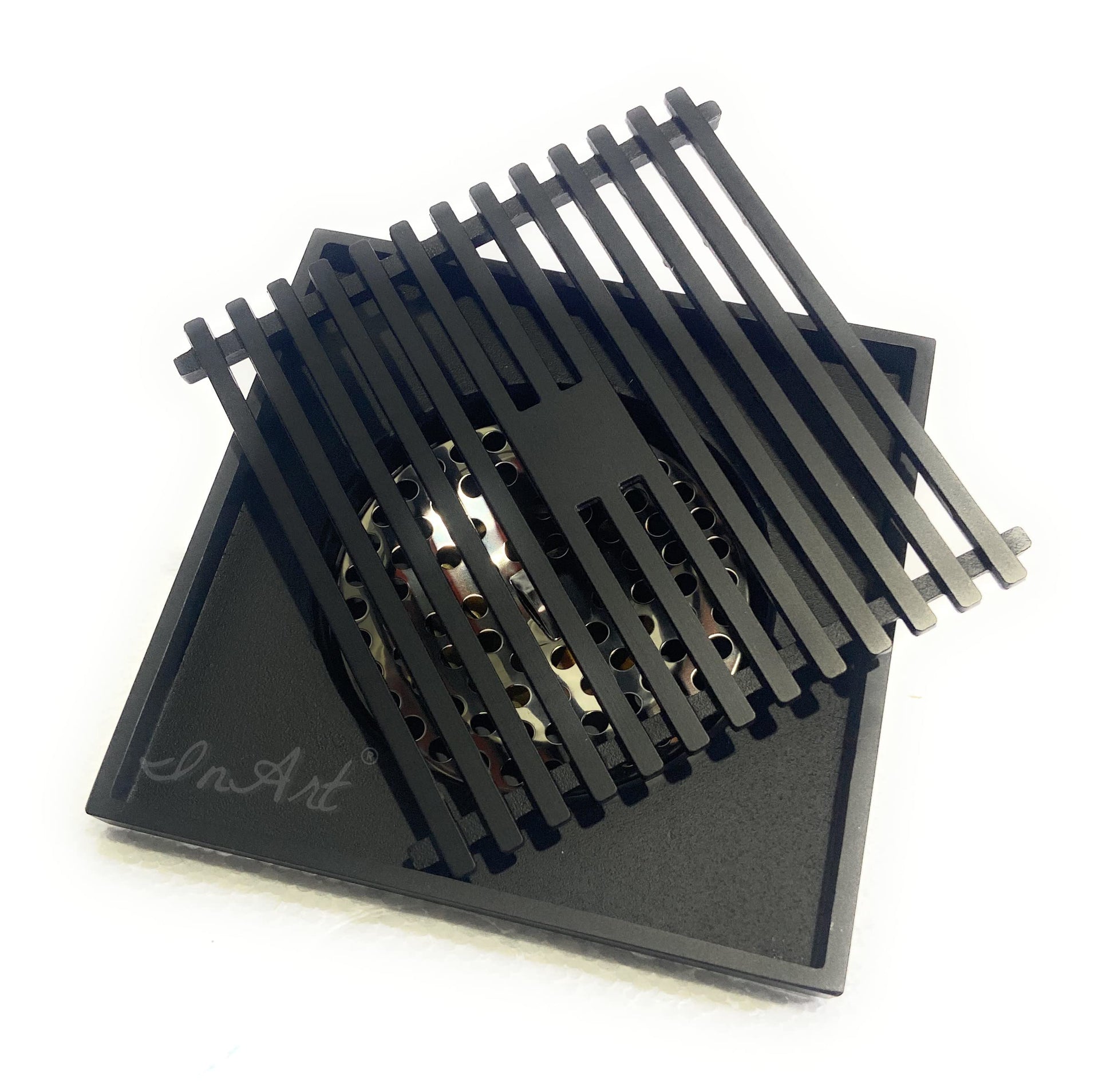 InArt square drain cover shower in solid brass with removable grate and odor trap insert, exploded view