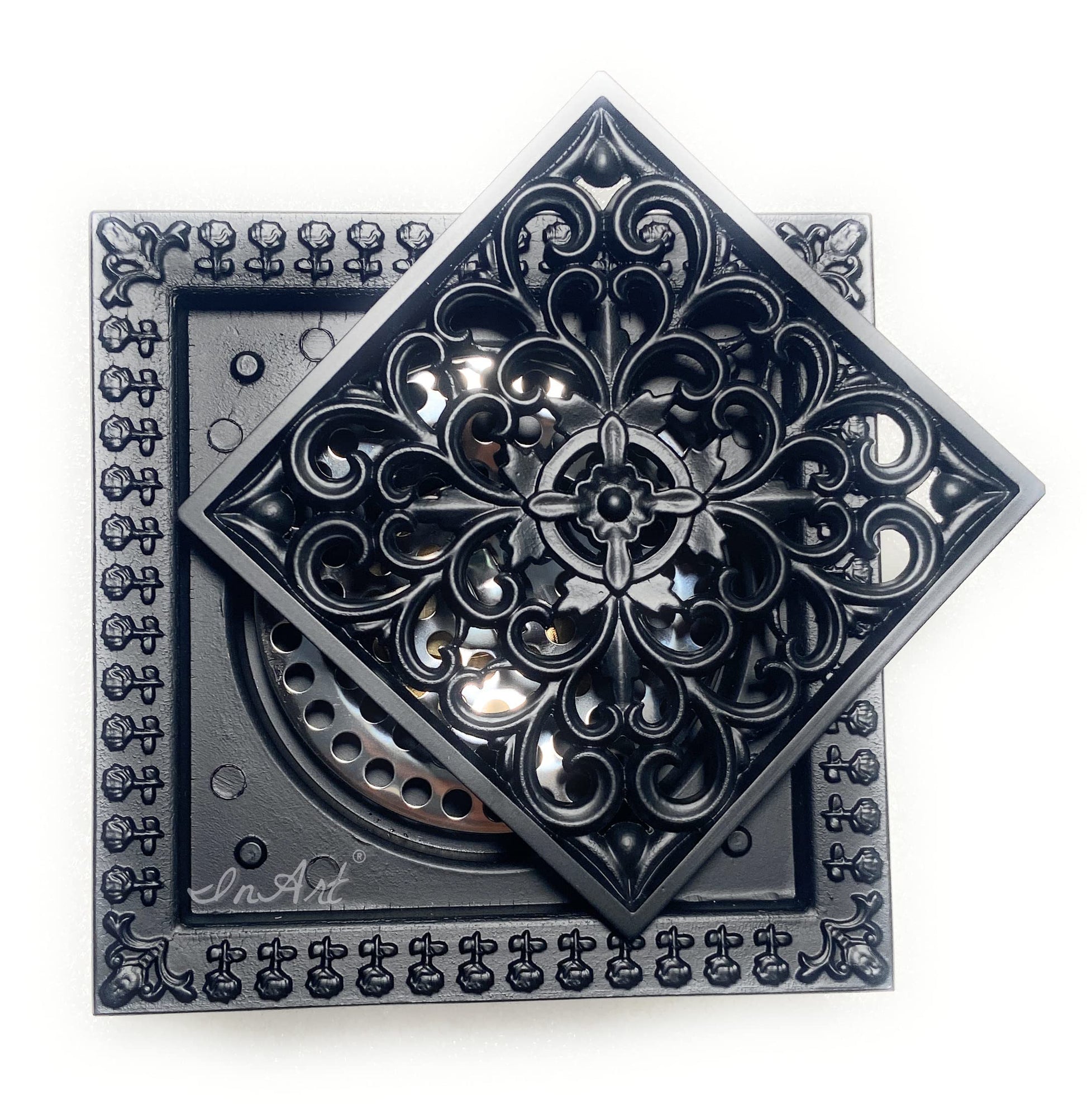 Installed look of matte black brass square shower drain cover on tile shower floor