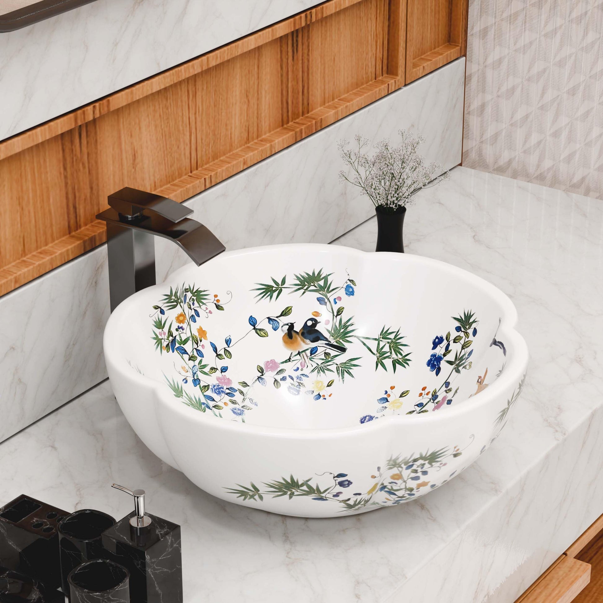 Vessel sink for bathroom, glossy white glazed ceramic round bowl with scalloped rim and floral bird pattern