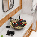 Top view of round ceramic vessel sink bowl, glossy black and gold decorative pattern, center drain