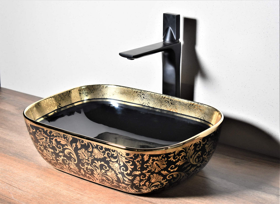 Vessel sinks InArt oval ceramic countertop wash basin, glossy black and gold finish