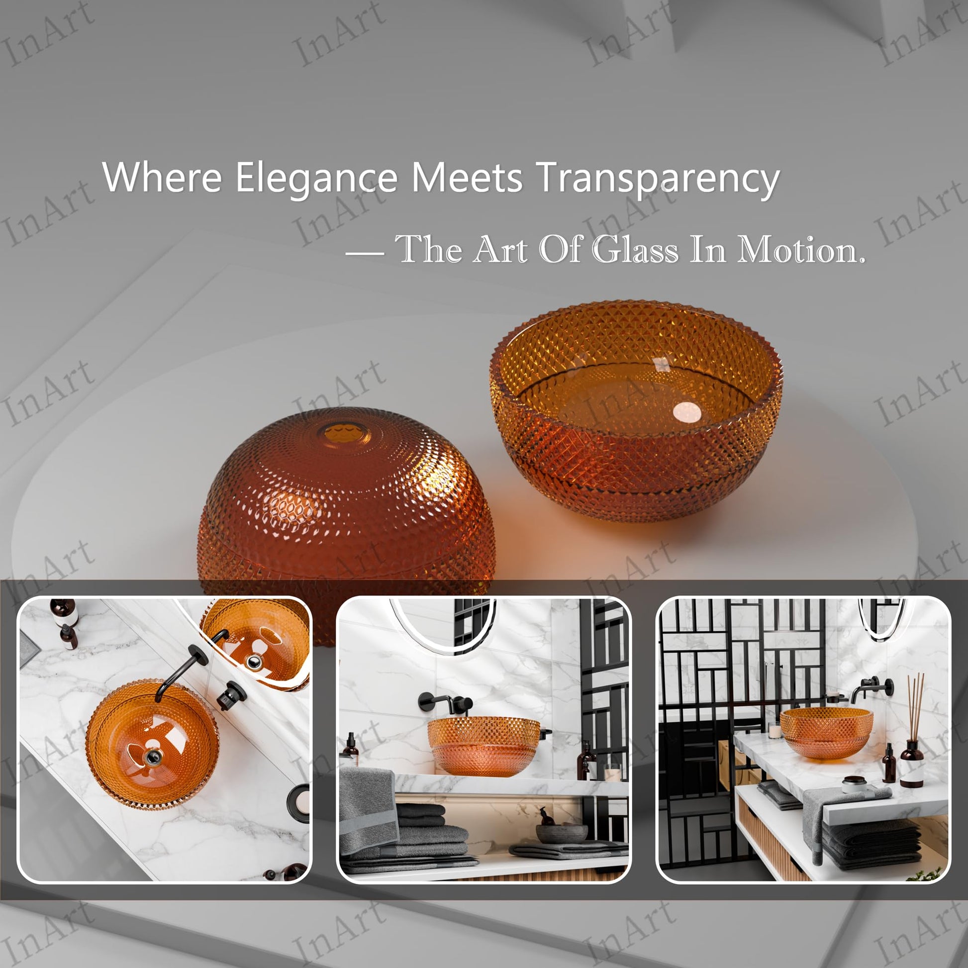 Side profile of round amber glass vessel sink, 13.4-inch diameter above-counter bathroom sink bowl