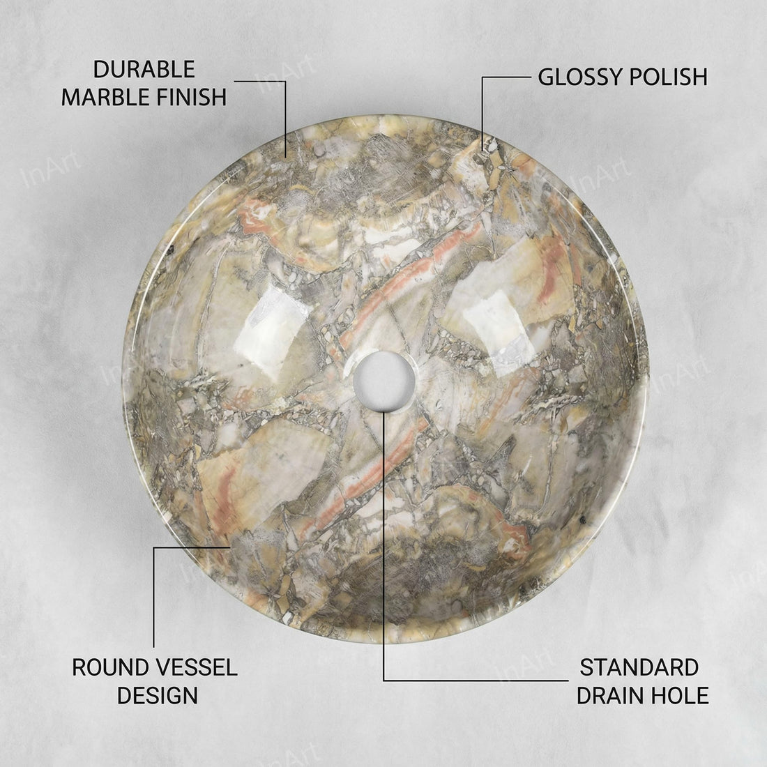 Vessel sinks for bathroom - InArt green marble glossy round ceramic vessel sink 13x13 above counter basin