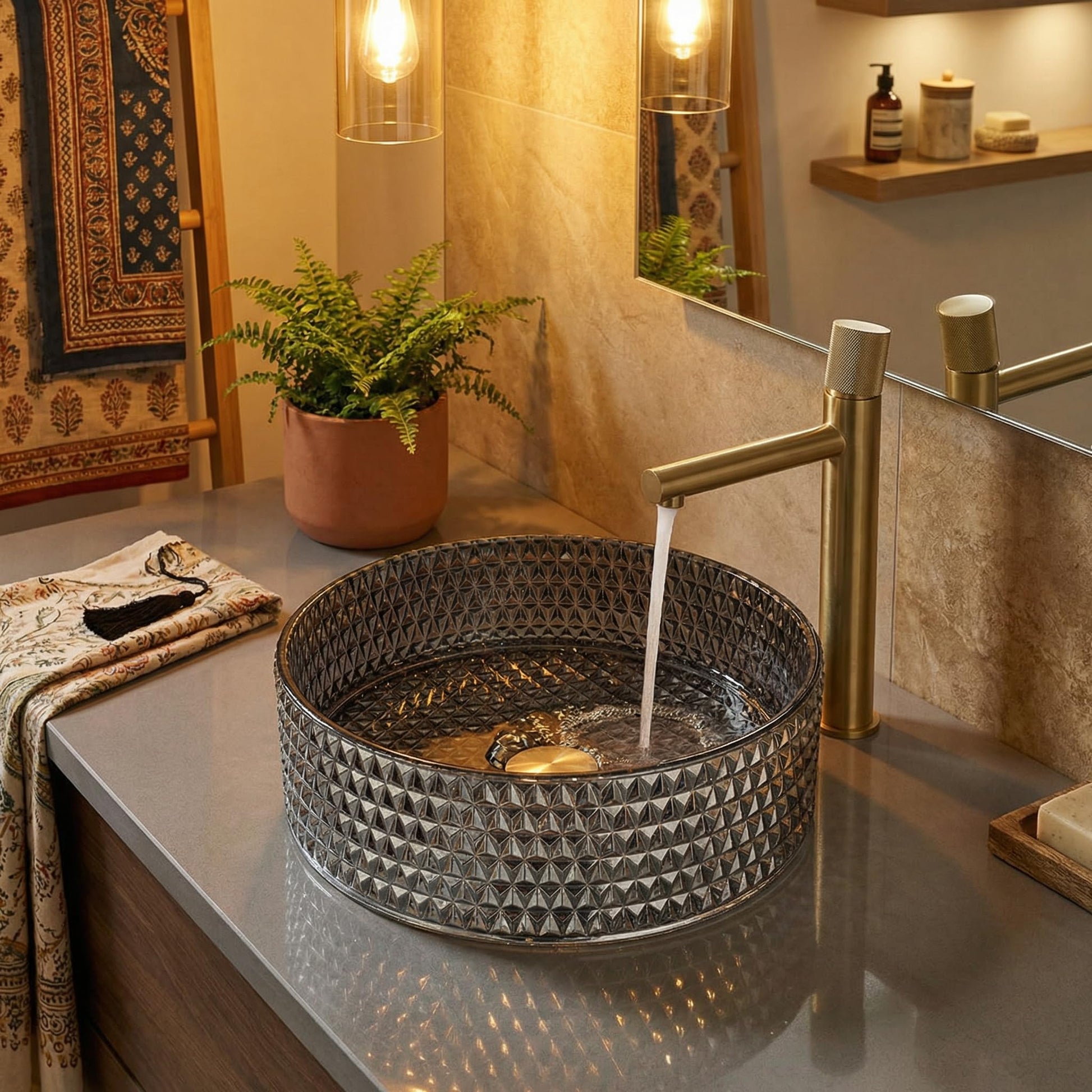 Restroom bowl sink above counter, square tempered glass basin sink for vanity countertop, modern black silver