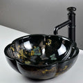 Above counter bathroom sink bowl, fluted/scalloped round ceramic vessel sink in glossy black with gold accents