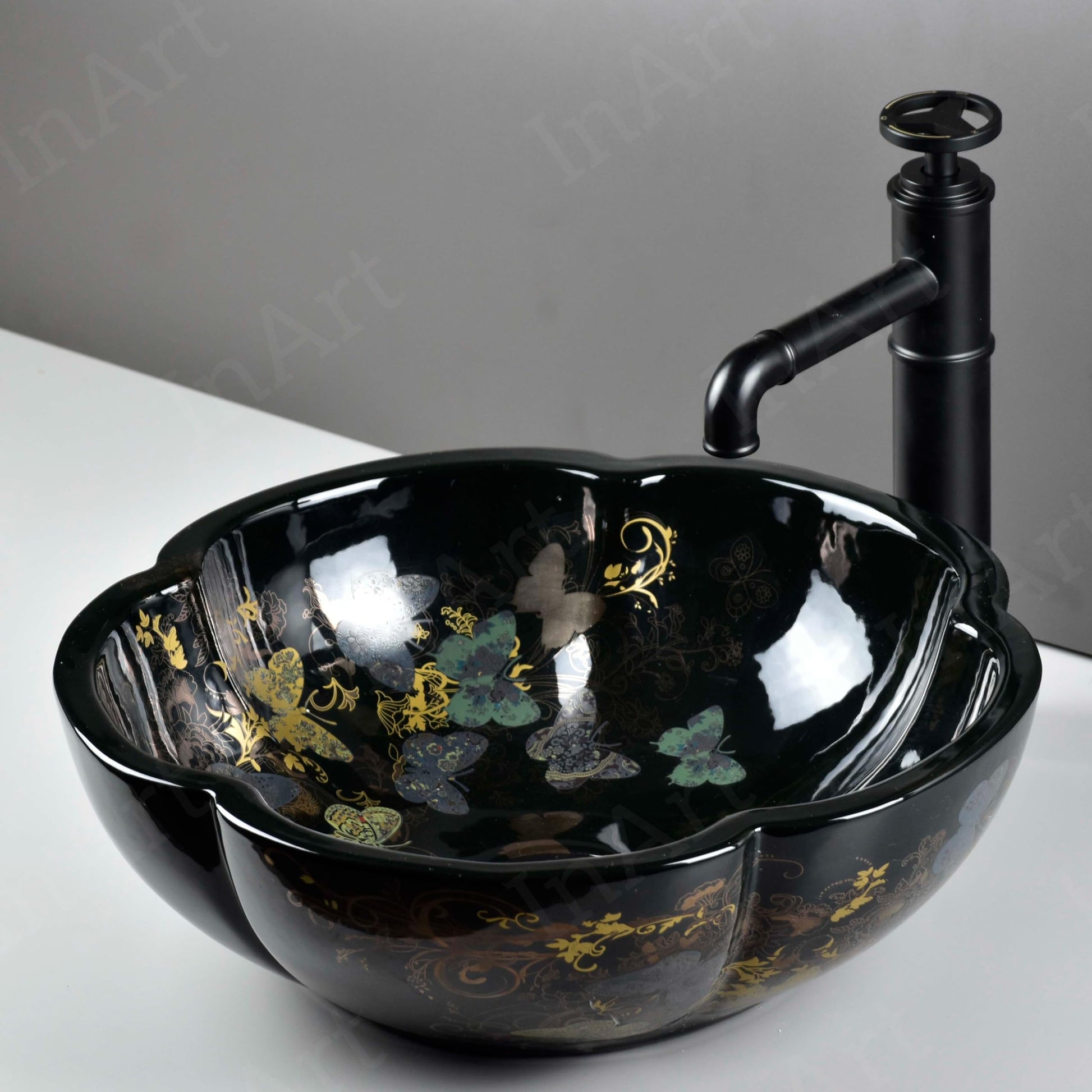 Above counter bathroom sink bowl, fluted/scalloped round ceramic vessel sink in glossy black with gold accents