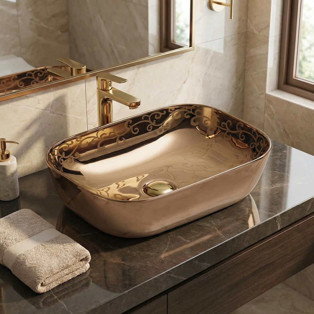 Bathroom ceramic basin InArt rose gold rectangular ceramic vessel sink tabletop wash basin