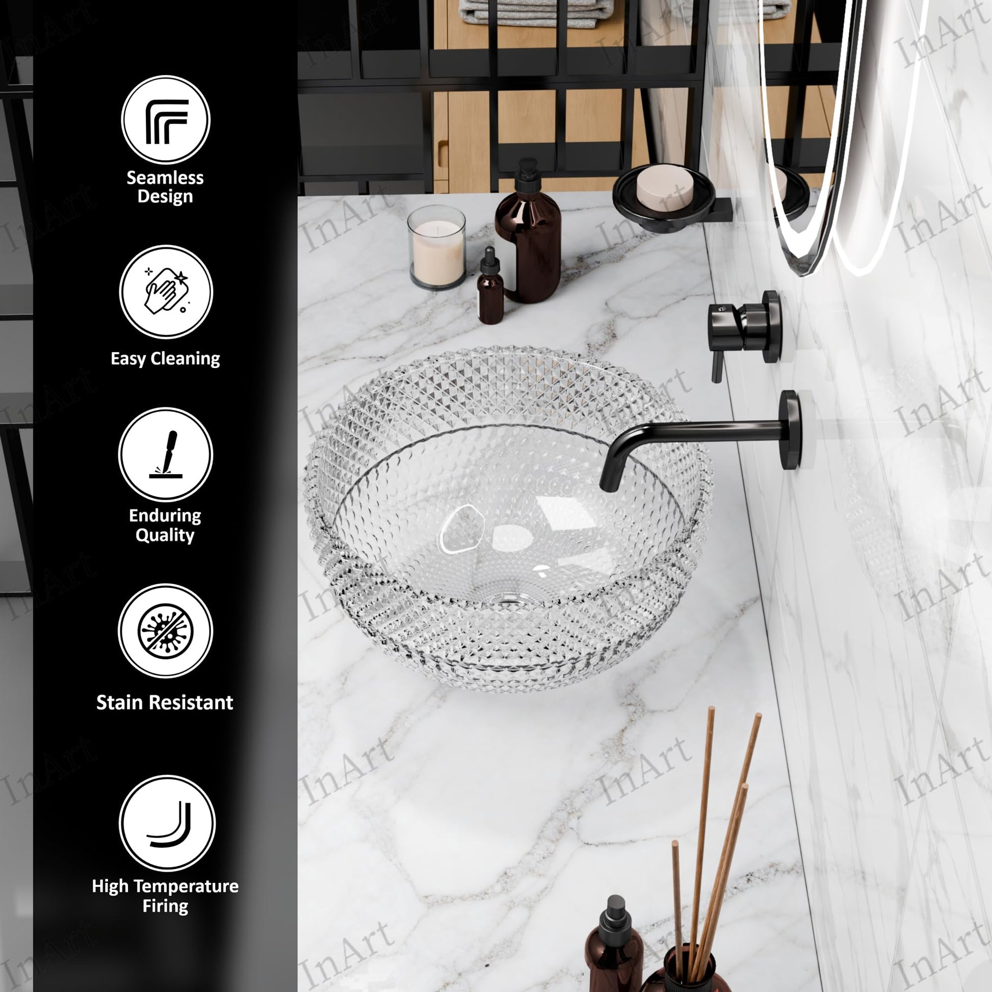 Angled view of clear diamond-textured glass round vessel sink bowl highlighting faceted exterior