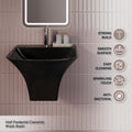 Top view of glossy black ceramic rectangular bathroom sink basin showing slim rim and overflow opening