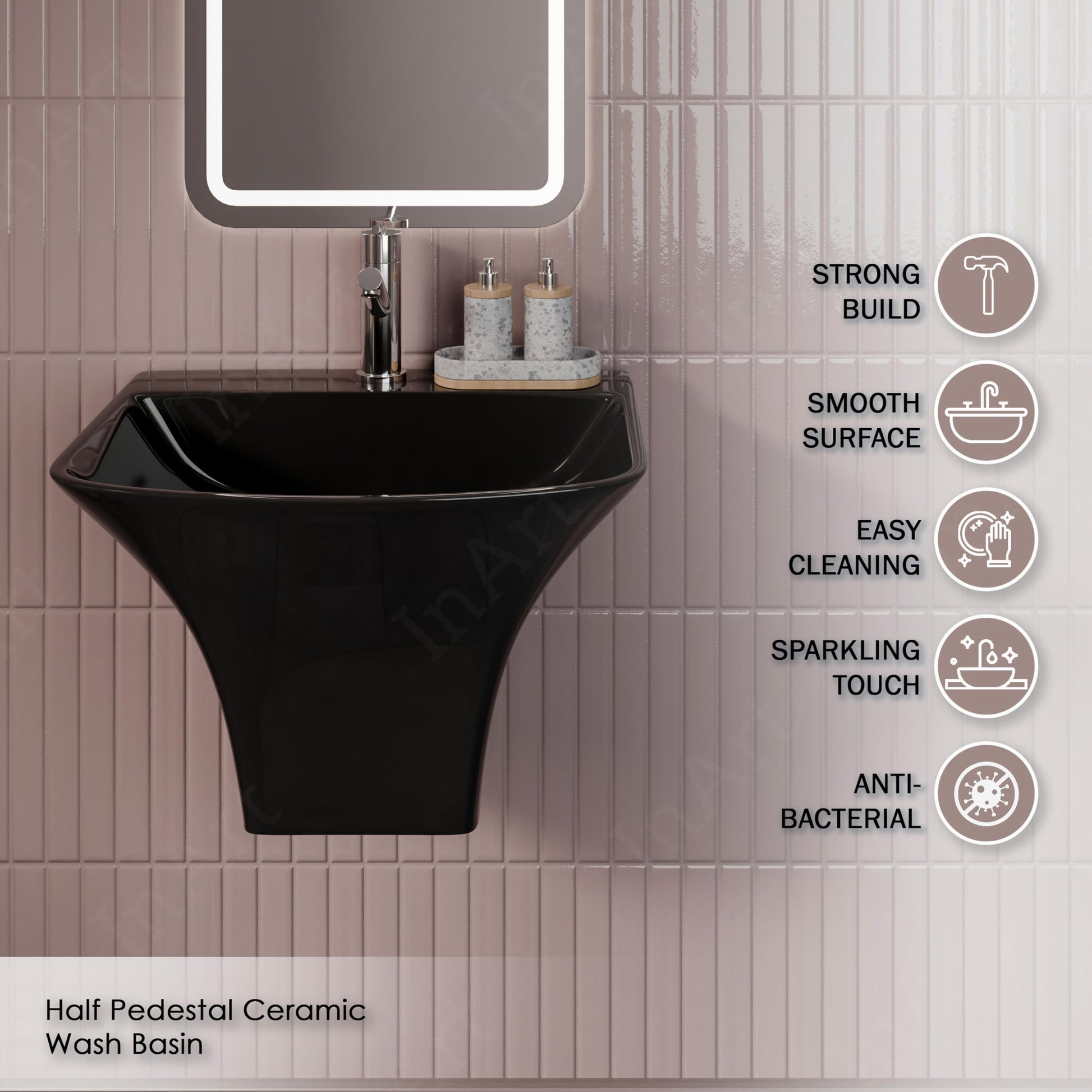 Top view of glossy black ceramic rectangular bathroom sink basin showing slim rim and overflow opening