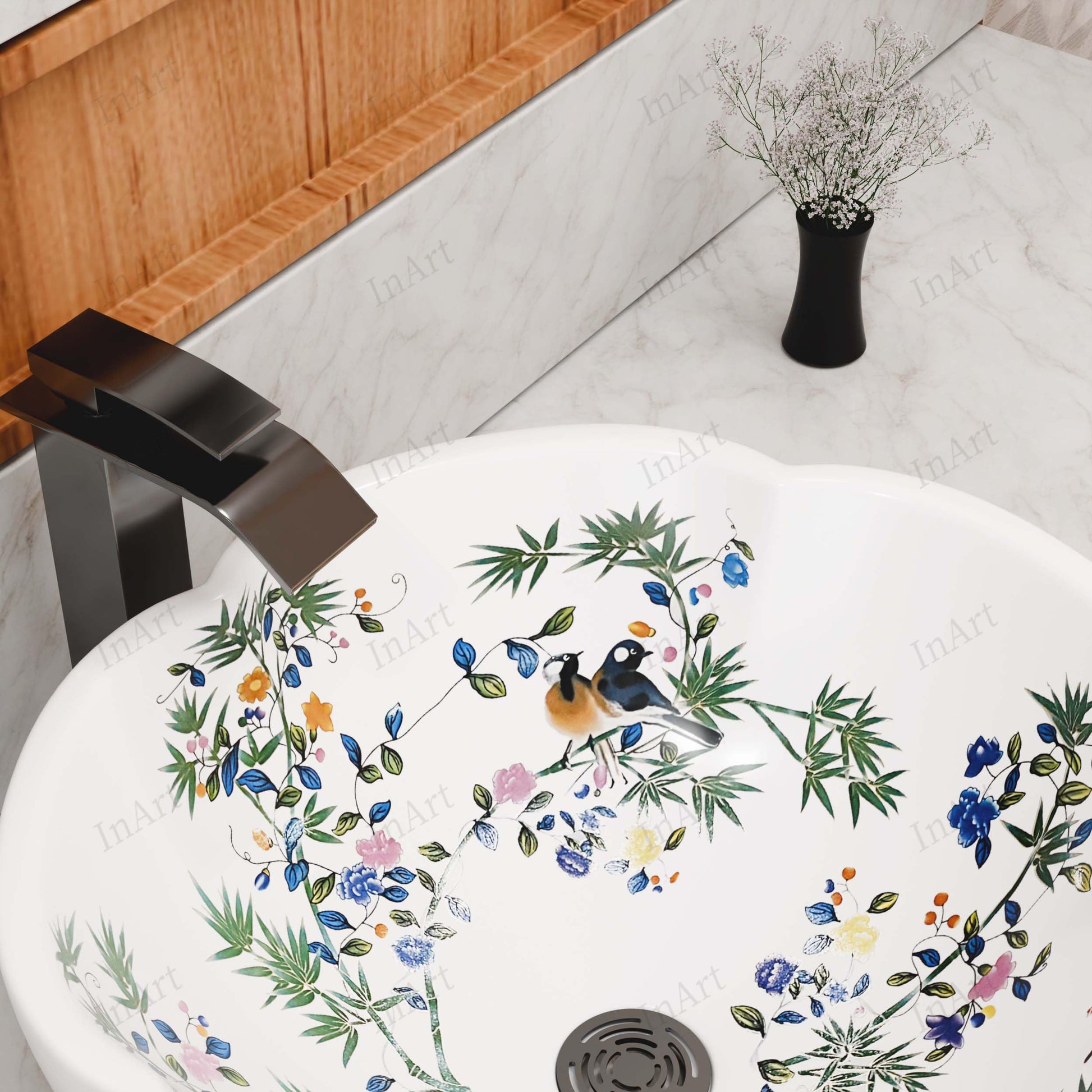 Round glazed ceramic vessel sink for bathroom vanity showing scalloped rim profile and glossy finish