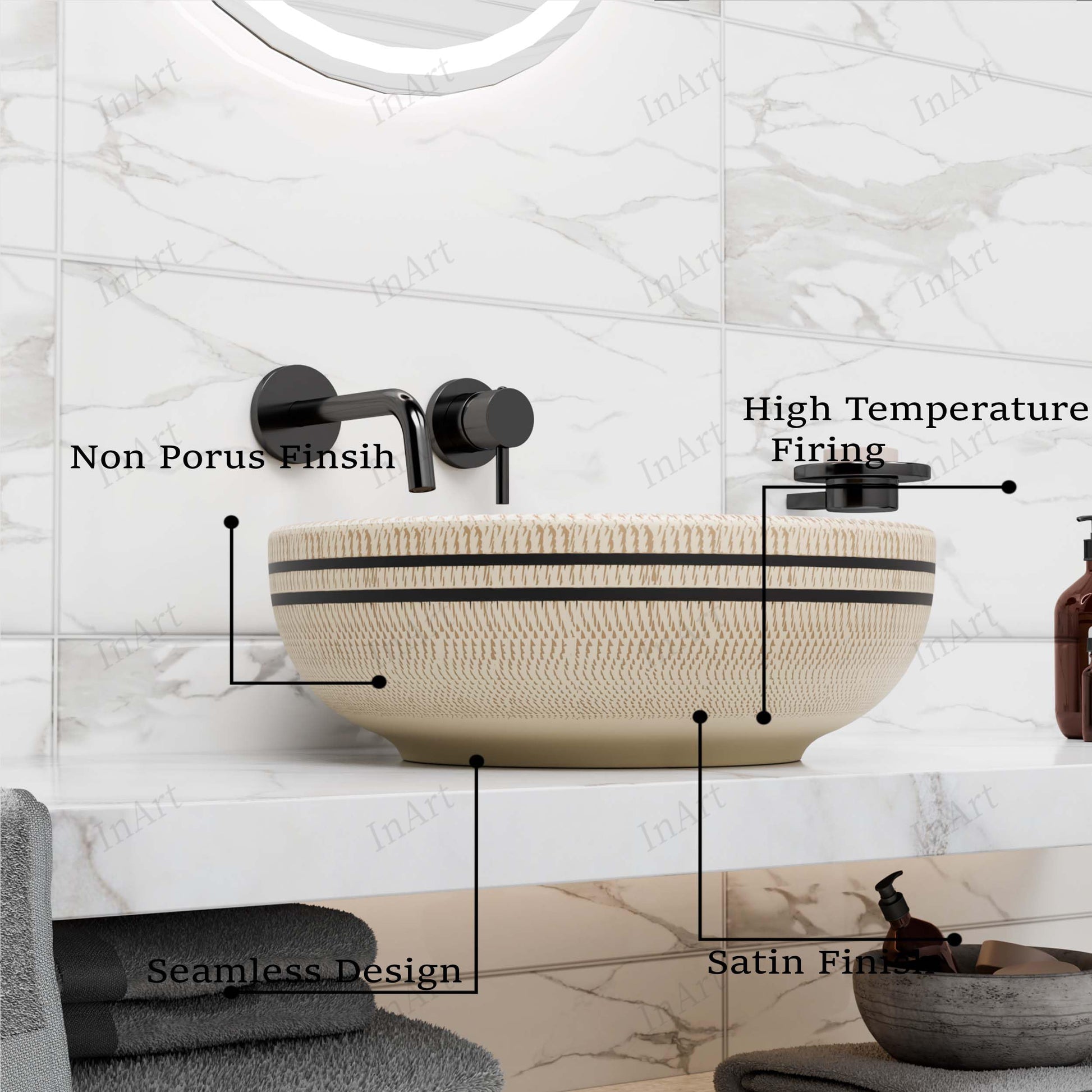 Beige/cream ceramic round vessel basin, top-of-vanity bathroom sink with smooth interior and patterned glaze