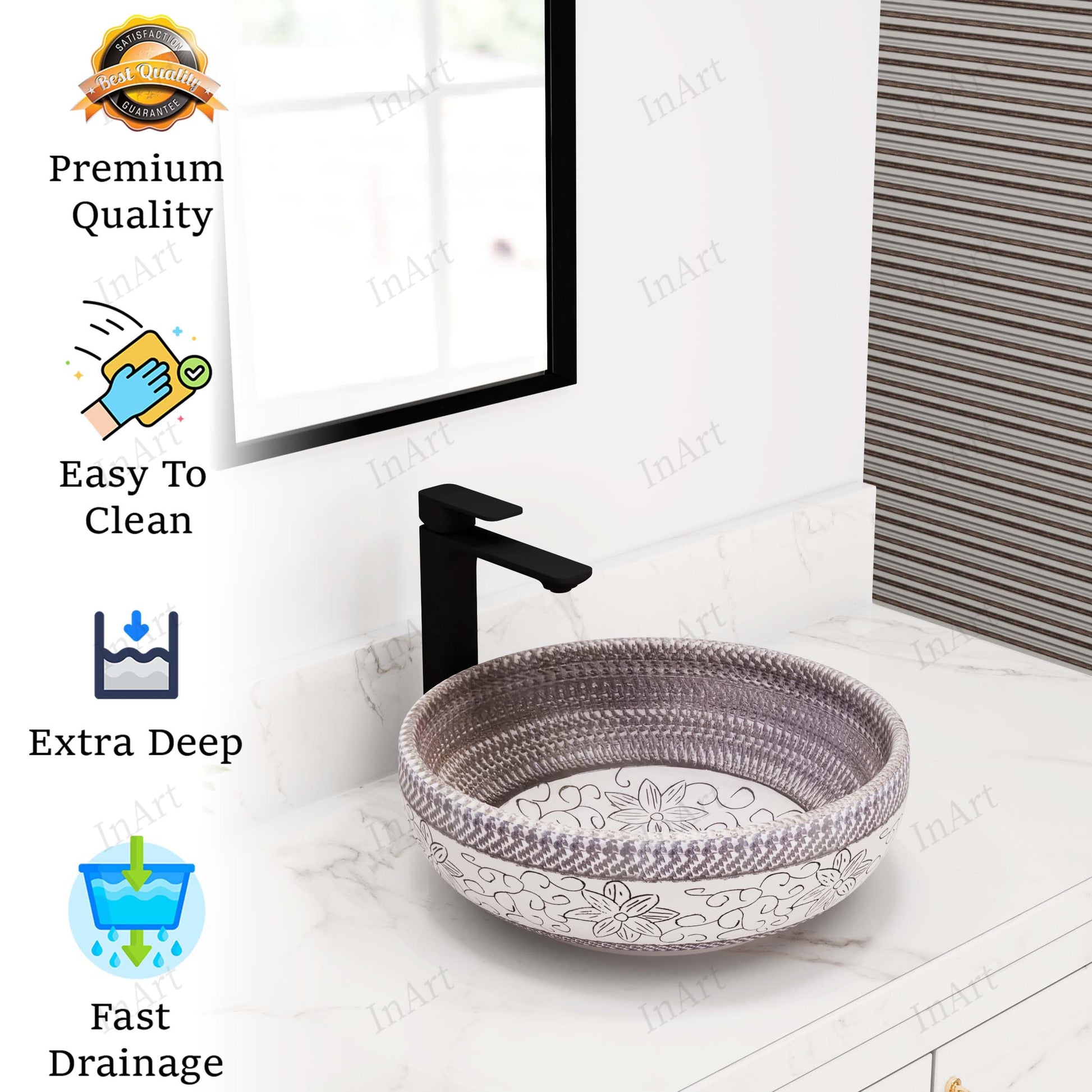 Decorative patterned exterior on round glazed ceramic vessel sink for bathroom vanity, ash gray/white