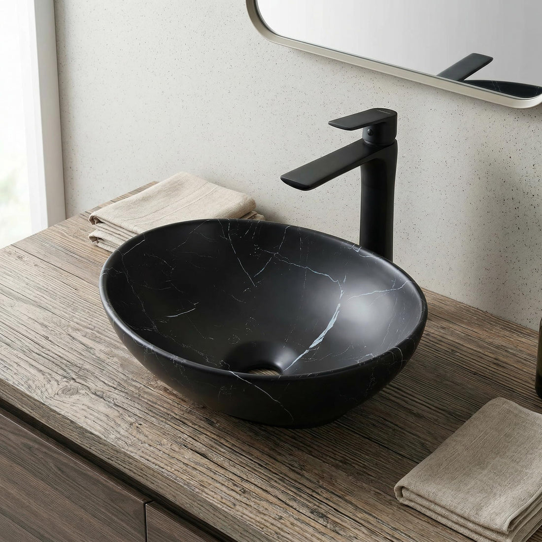 black vessel sink faucet pairing with InArt matte black ceramic rectangular vessel sink 41x34cm
