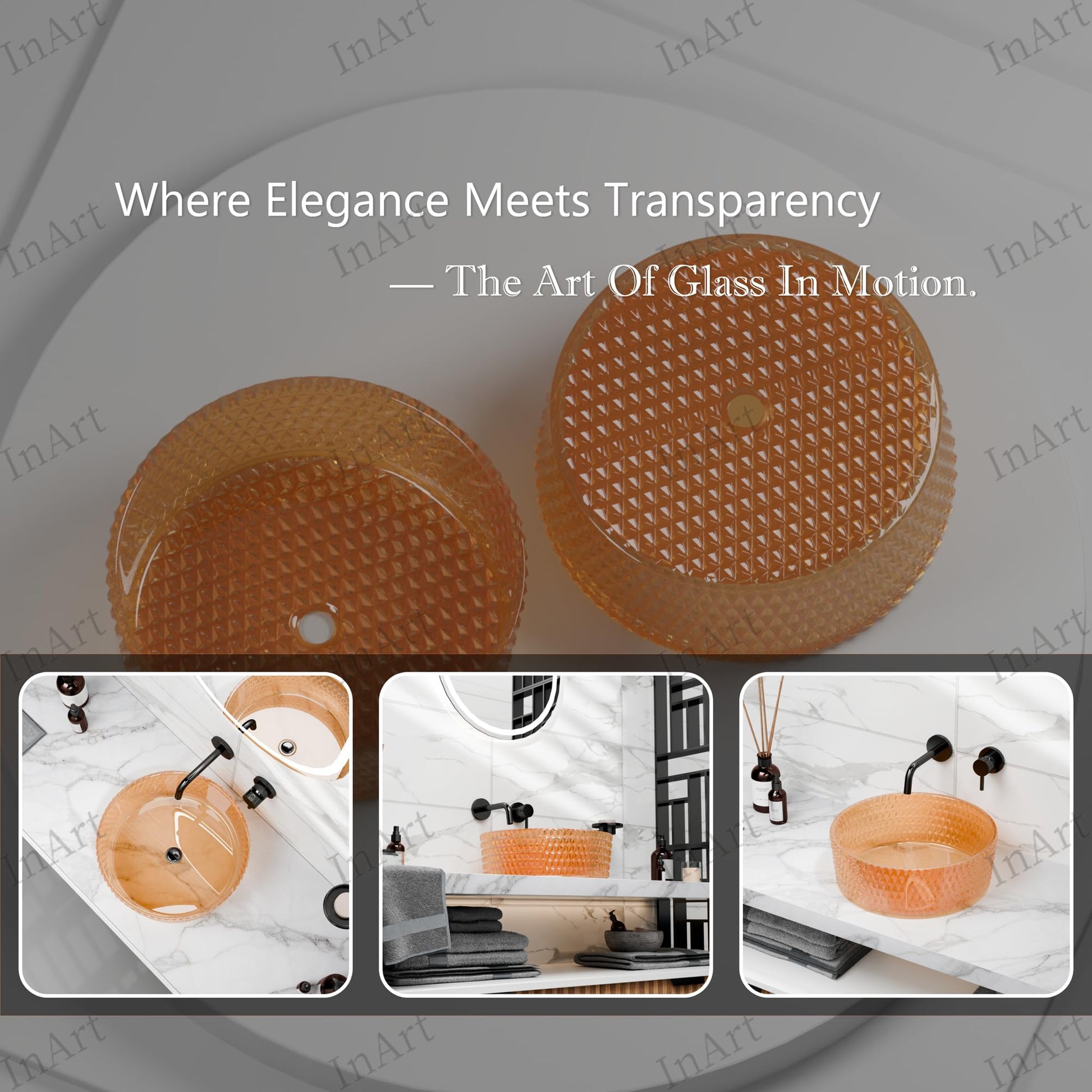 Angled view of translucent amber glass vessel sink for bathroom vanity, round above-counter bowl