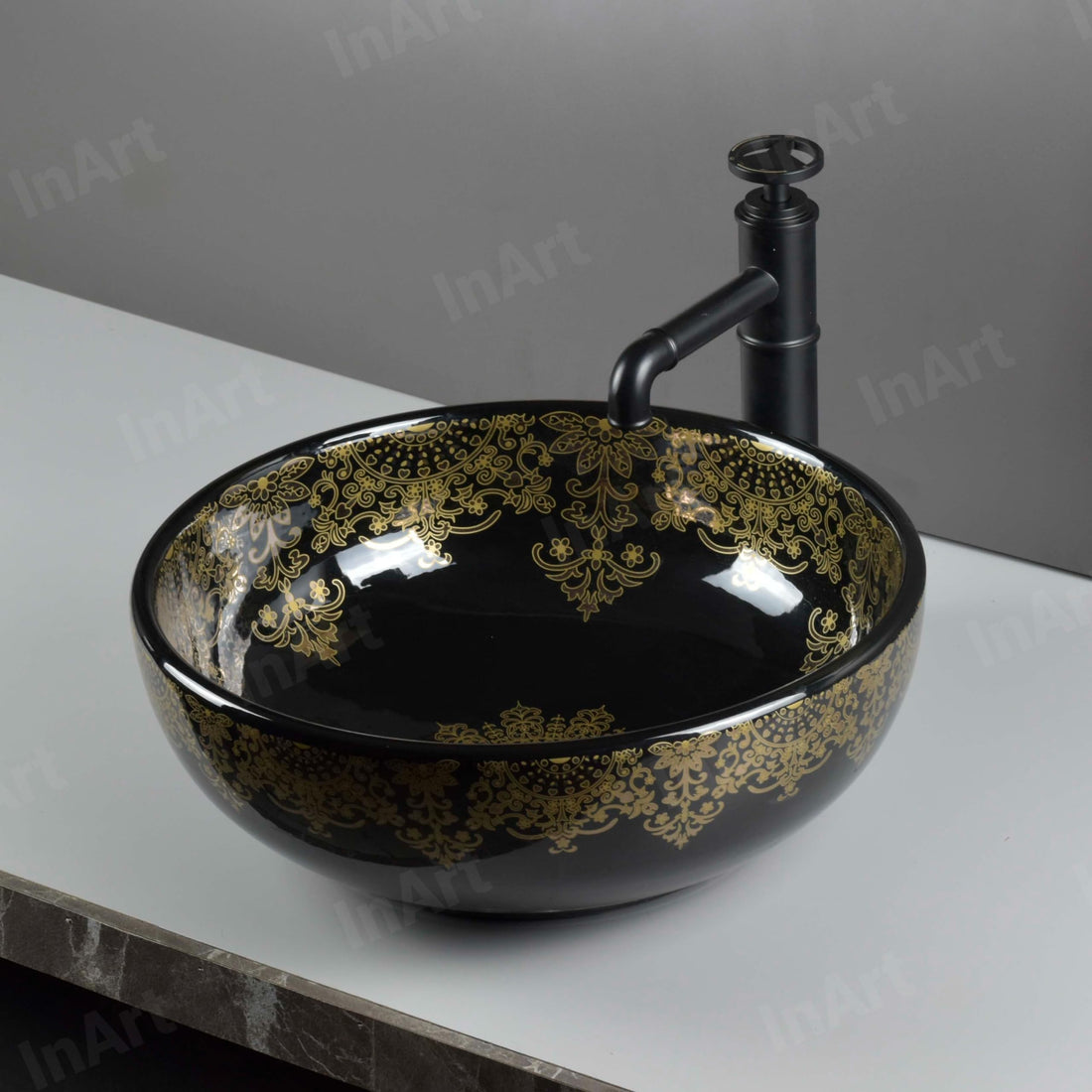 Above counter bathroom vessel sink, glazed ceramic round bowl, glossy black with gold pattern