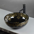 Above counter bathroom vessel sink, glazed ceramic round bowl, glossy black with gold pattern