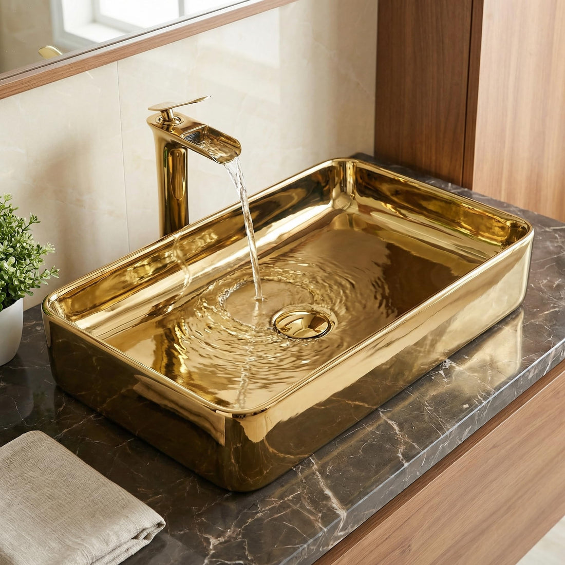 Vessel sinks - InArt gold rectangular ceramic vessel sink countertop wash basin 62x35cm