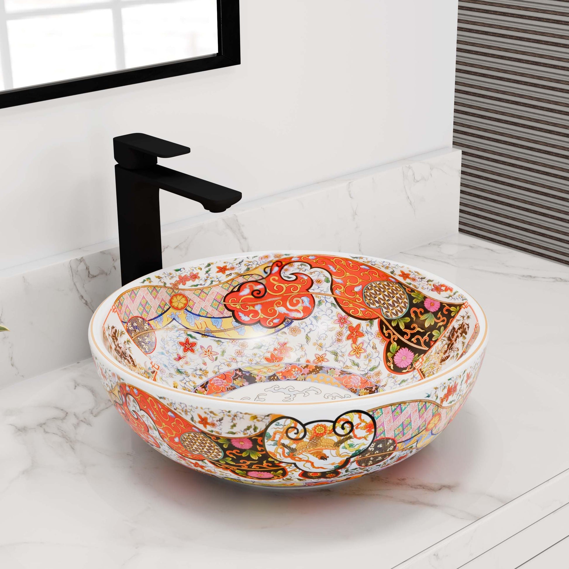 Round glazed ceramic vessel sink with multicolor Moroccan pattern, above-counter bathroom bowl
