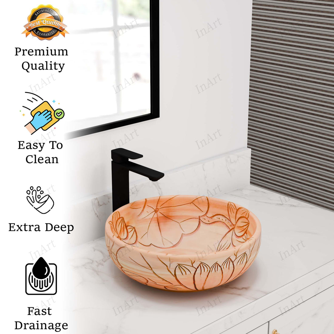 Round ceramic vessel sink for bathroom vanity, peach beige satin glaze with floral line art, above-counter basin