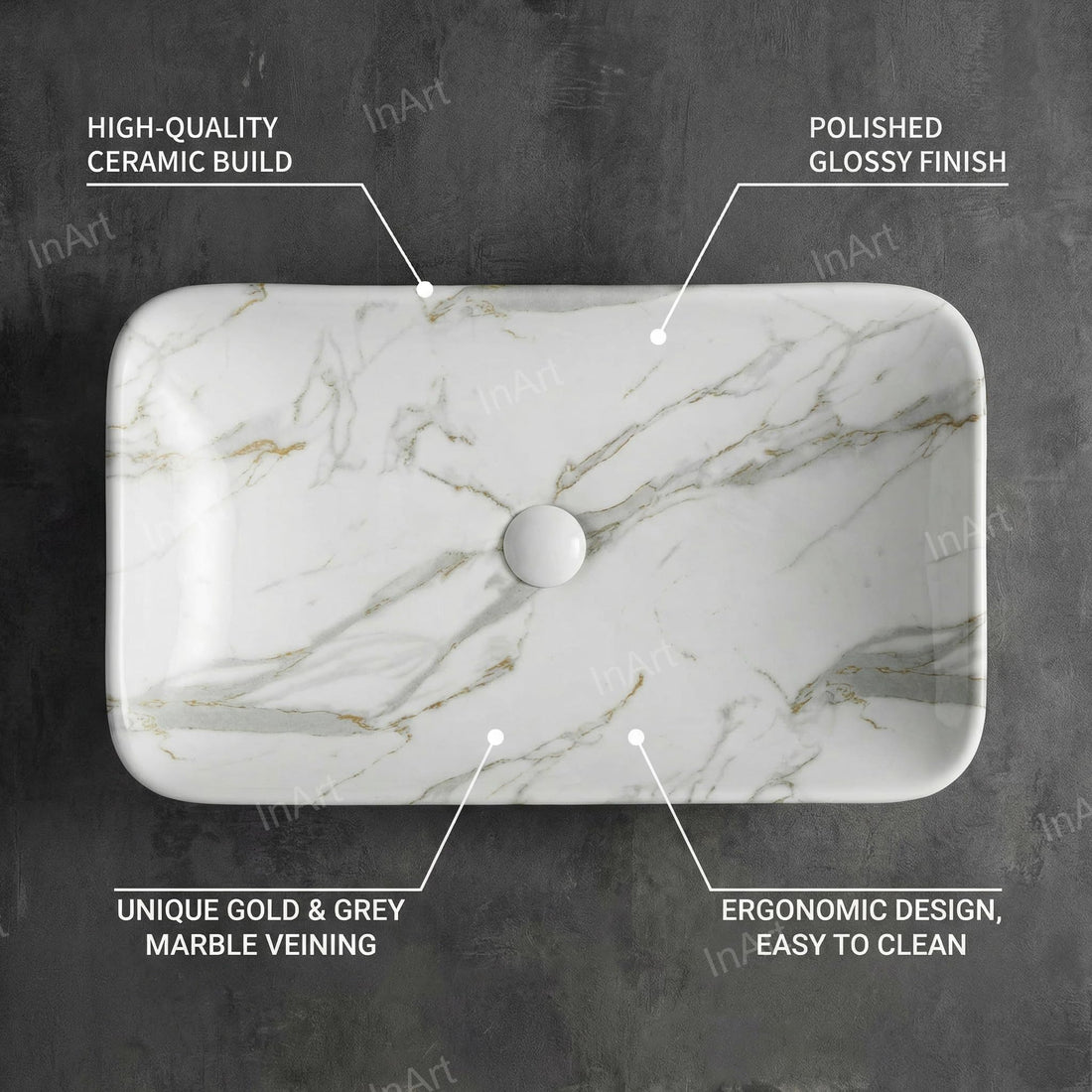 Ceramic vessel sink InArt white marble look polished rectangular tabletop wash basin 70x40cm