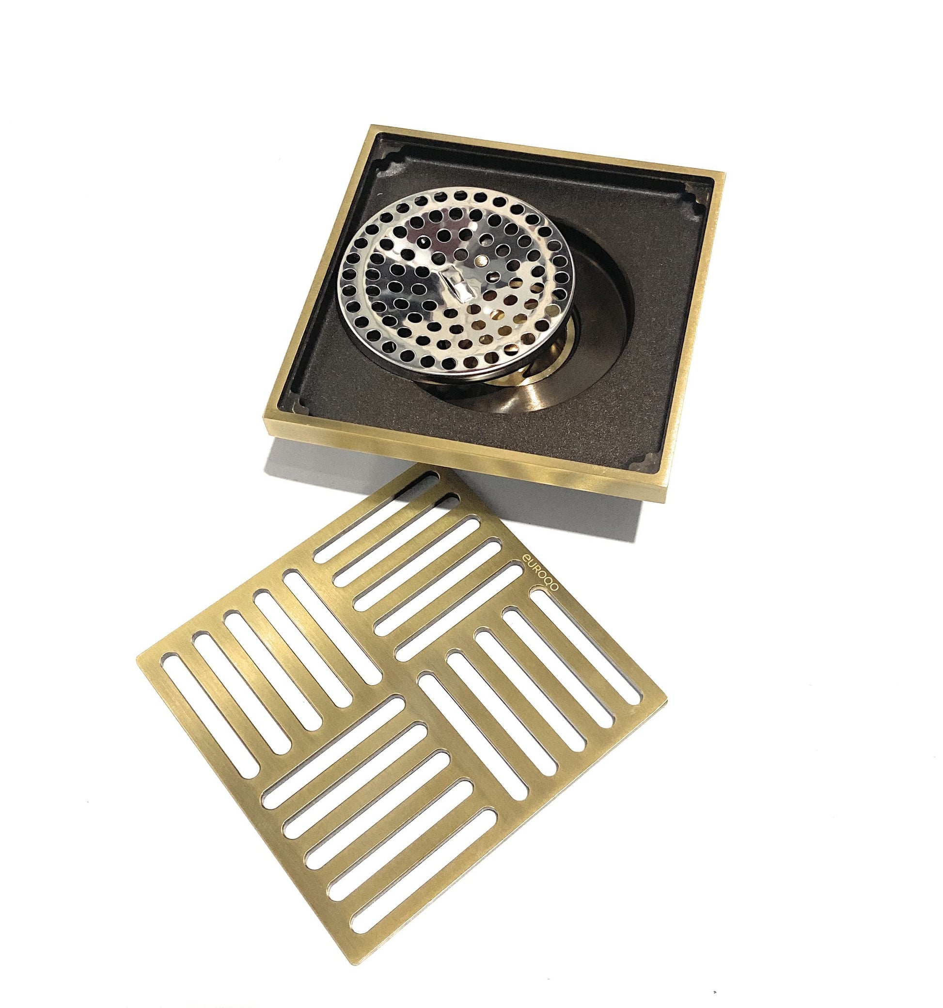 InArt square floor drain brass 4 inch outlet with removable odor trap insert exploded view