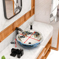 Top view of round ceramic vessel sink showing white interior with multicolor floral pattern, glossy finish bathroom sink bowl