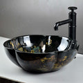 Designer ceramic vessel sink basin, 16-inch round glossy black bowl with decorative art pattern for bathroom vanity
