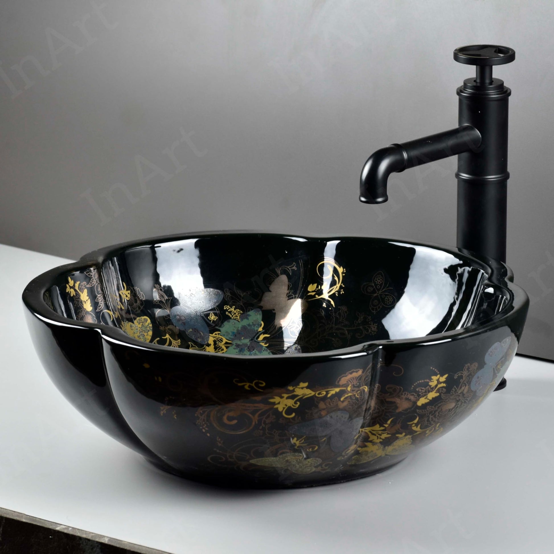 Designer ceramic vessel sink basin, 16-inch round glossy black bowl with decorative art pattern for bathroom vanity