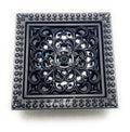 Matte black brass square shower drain cover with ornate floral grate, 5 inch floor drain