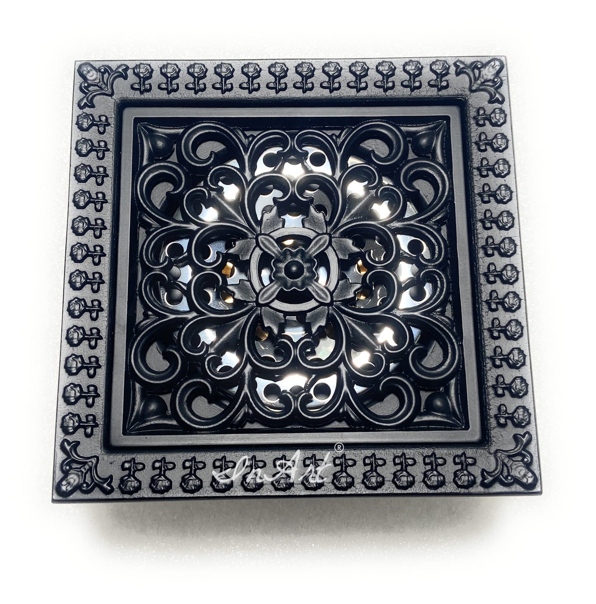 Matte black brass square shower drain cover with ornate floral grate, 5 inch floor drain