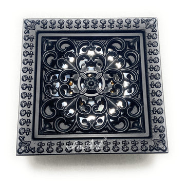 Matte black brass square shower drain cover with ornate floral grate, 5 inch floor drain