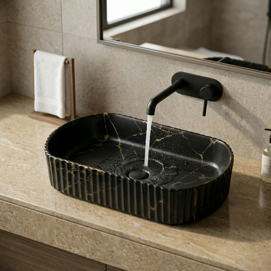 Sink on top of vanity: InArt 51x31 cm matte black marble rectangular ceramic vessel sink