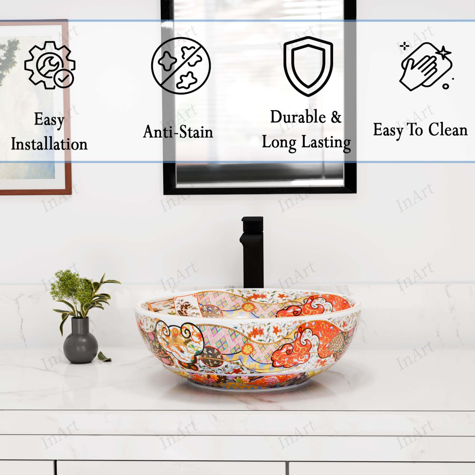 Side profile of round glazed ceramic vessel sink, 15.75 in above-counter vanity sink bowl