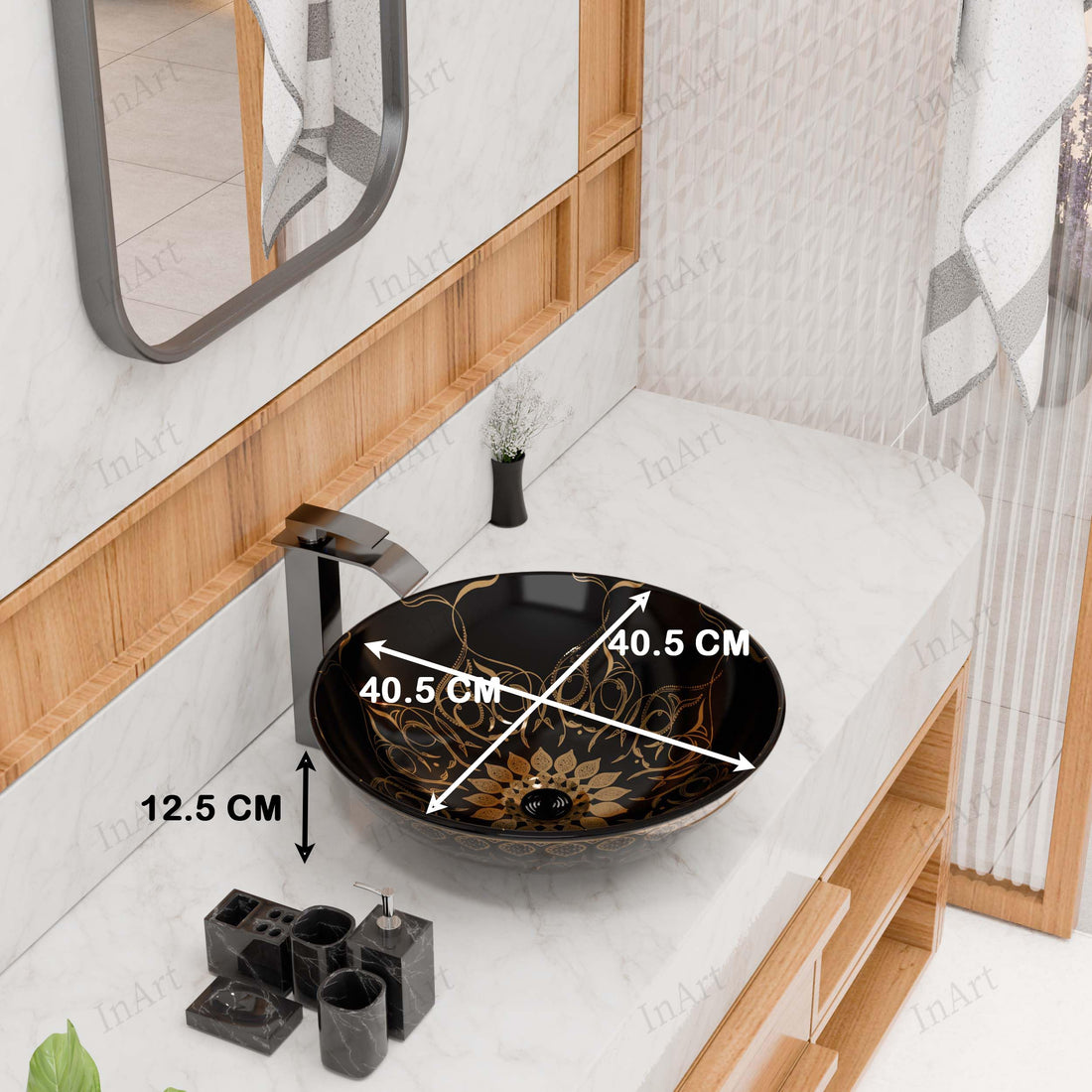 Vessel sinks for bathroom - InArt round ceramic above counter wash basin, black and gold, 16x16x5