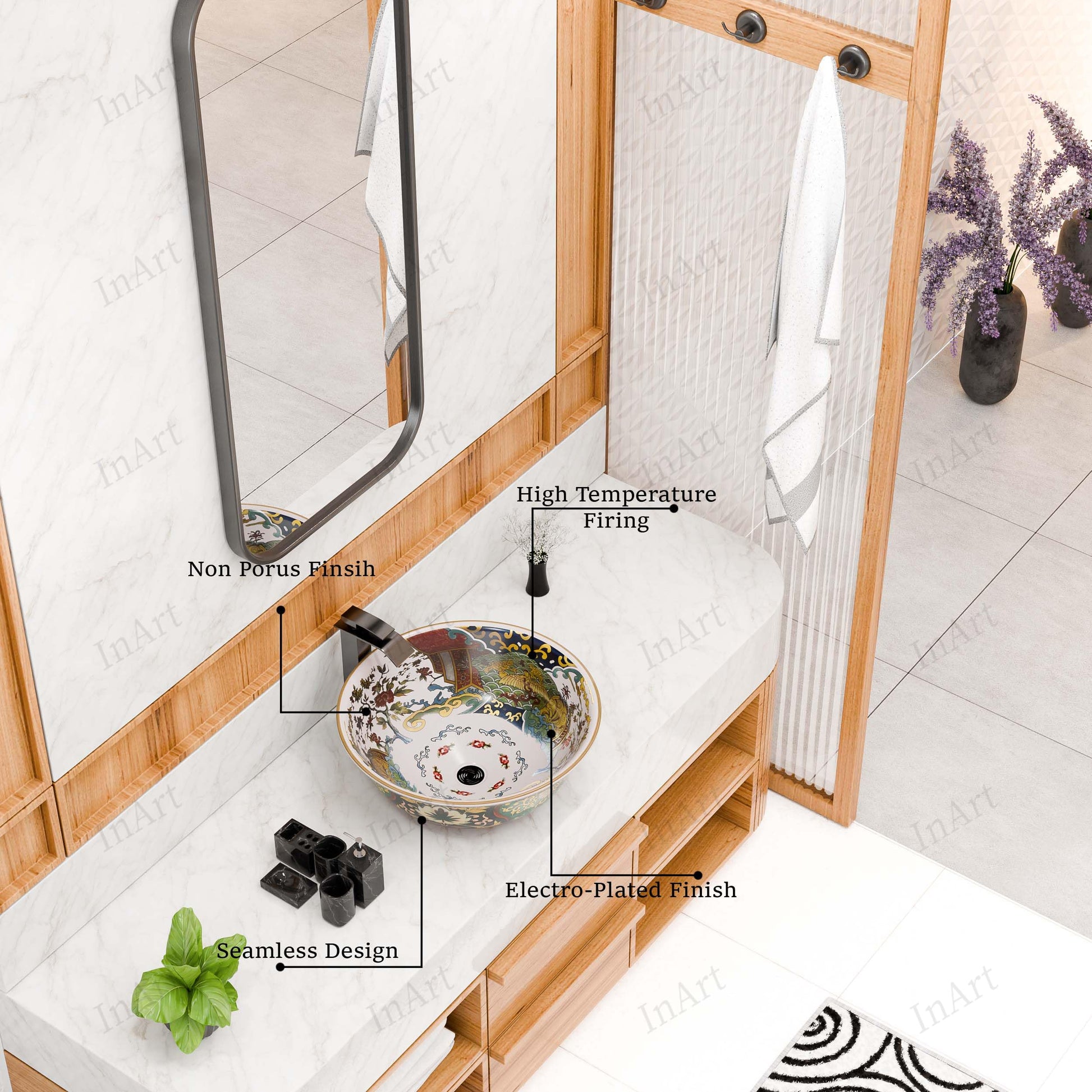 Angled view of round bathroom vessel sink in glazed ceramic with gold rim accent and center drain