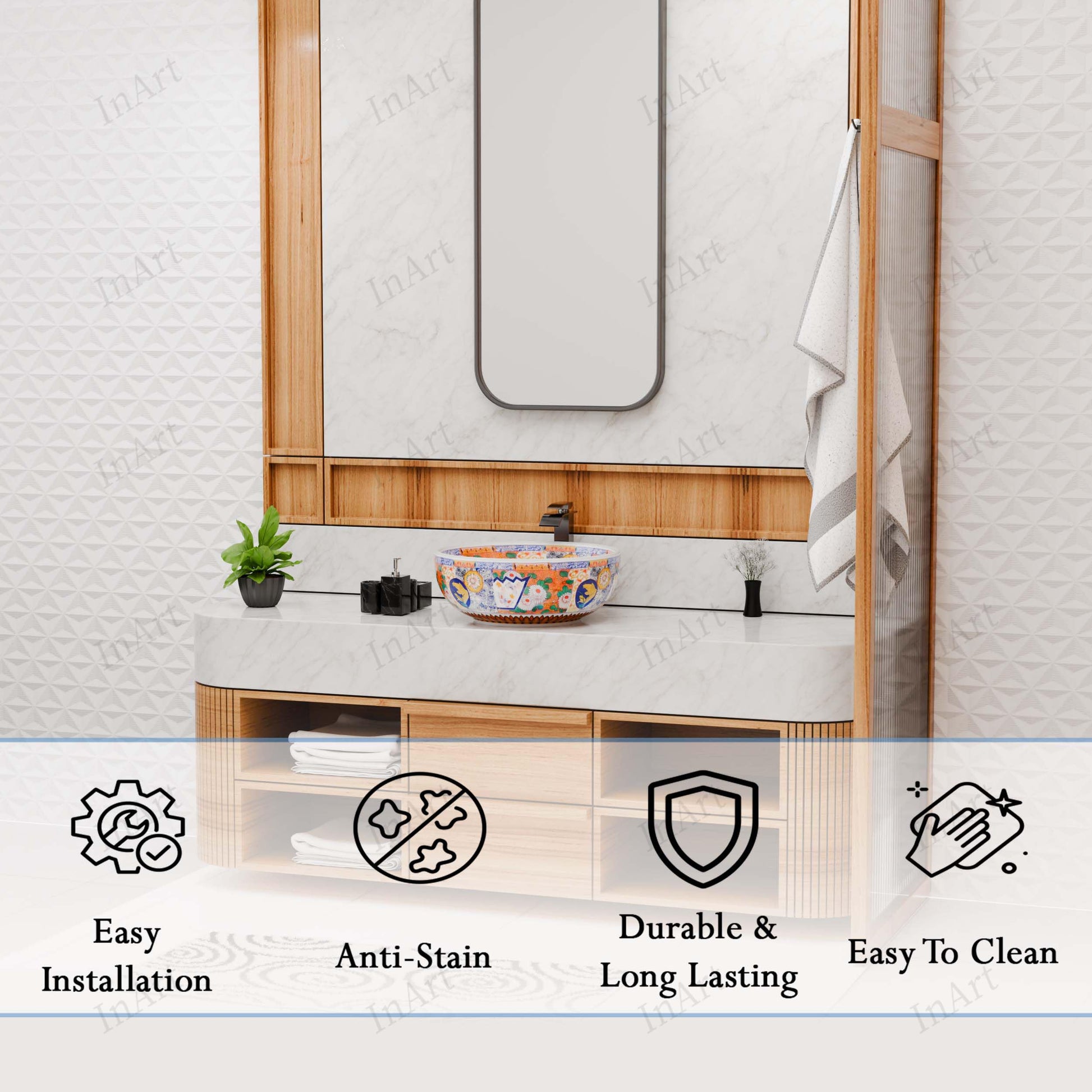 Side profile of round ceramic vessel sink bowl, glossy glazed finish, approx. 5.5-inch depth for bathroom vanity