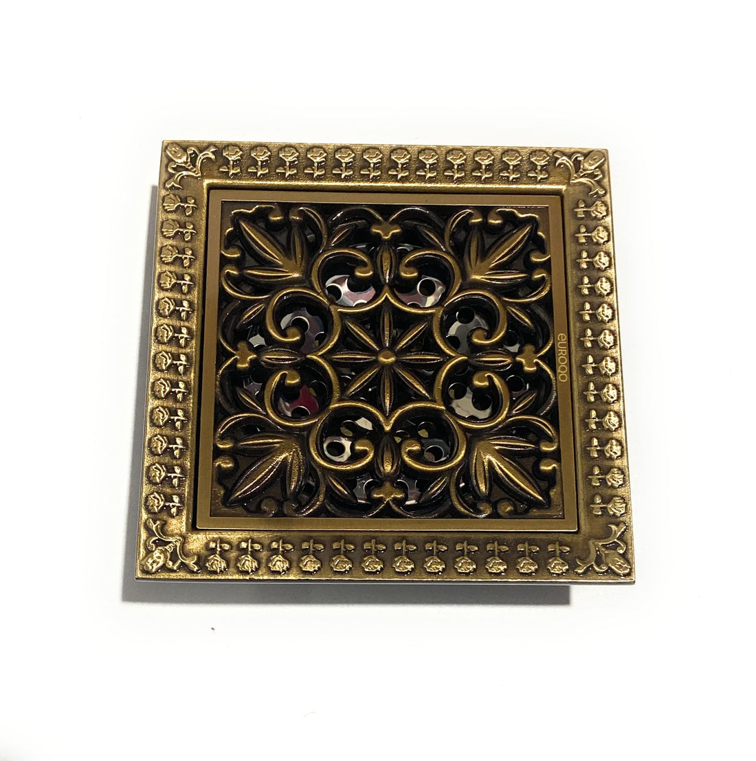 Square shower drain cover, solid brass with antique brass finish, 4 inch outlet top view