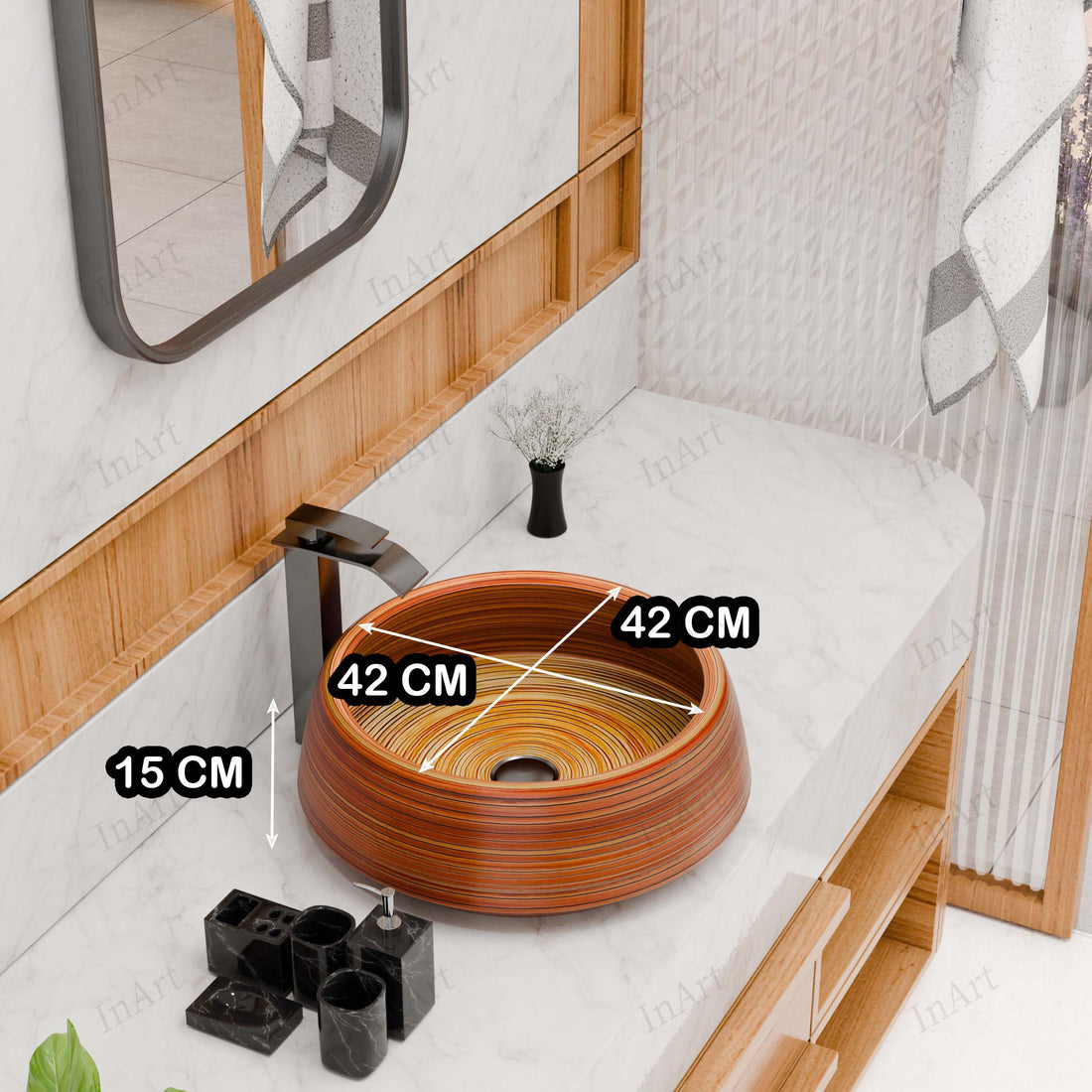 Above-counter ceramic round vessel sink with glossy wood-grain finish, 16.5-inch bathroom basin