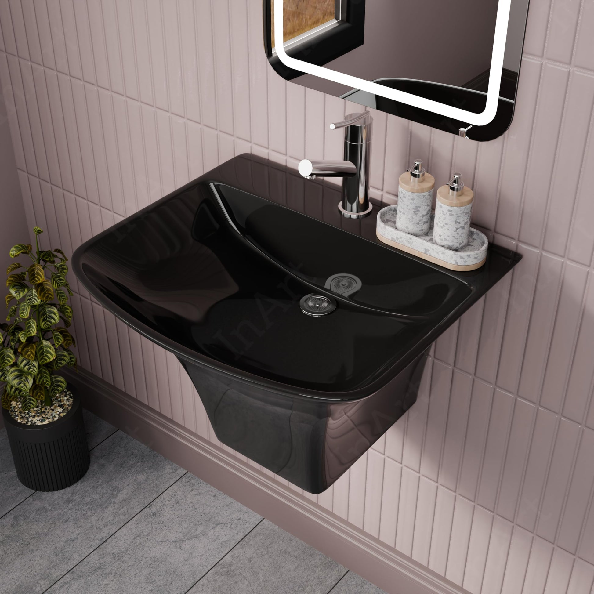 Bottom/underside view of wall-mount ceramic sink with integrated half pedestal shroud concealing plumbing area