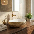 InArt glossy gold countertop vessel sink, smooth ceramic bowl rim detail