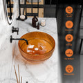 Top view of round vessel sink in transparent amber glass, decorative bathroom vanity countertop basin
