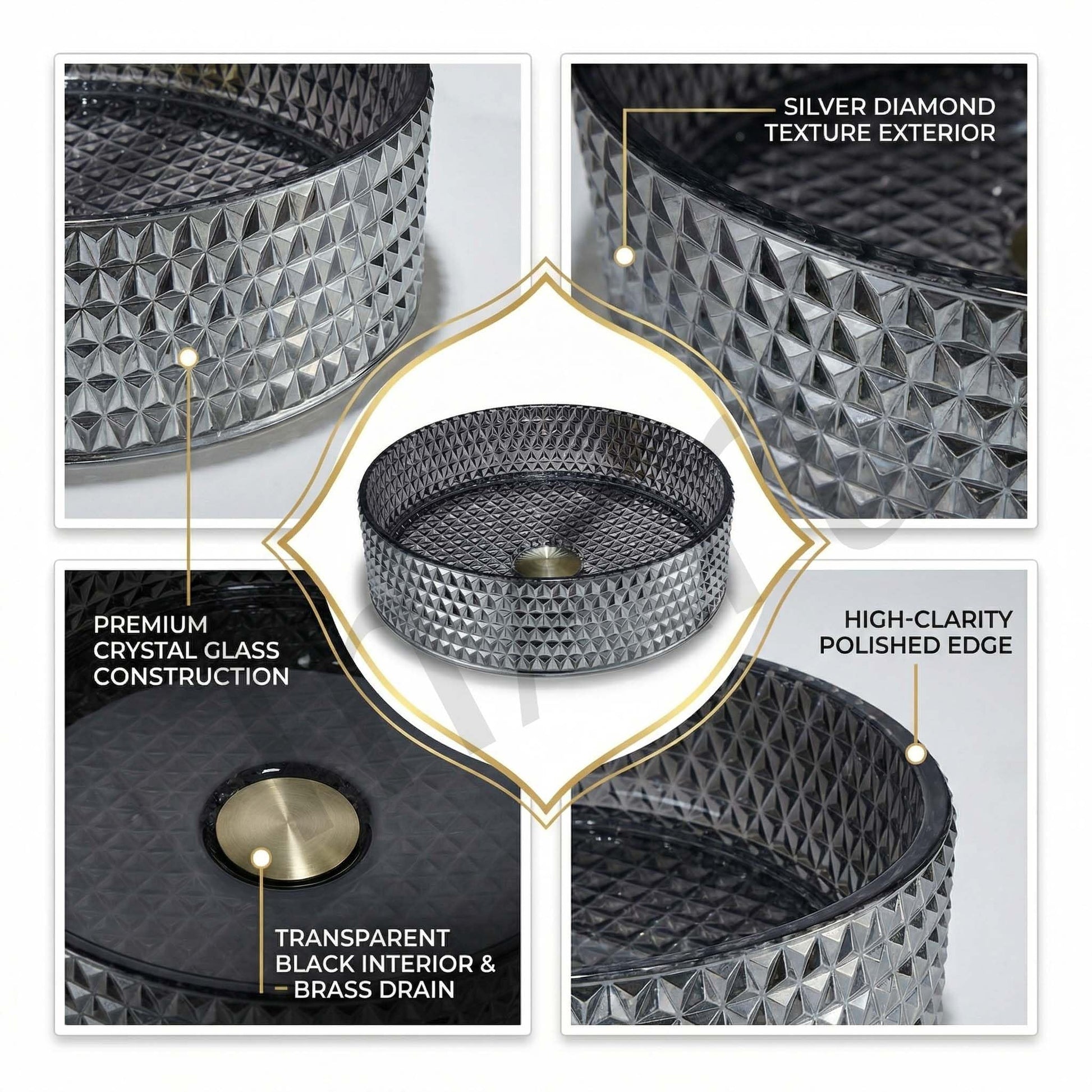 Vessel bowl vanity angle view, square tempered glass vessel sink in glossy black silver finish