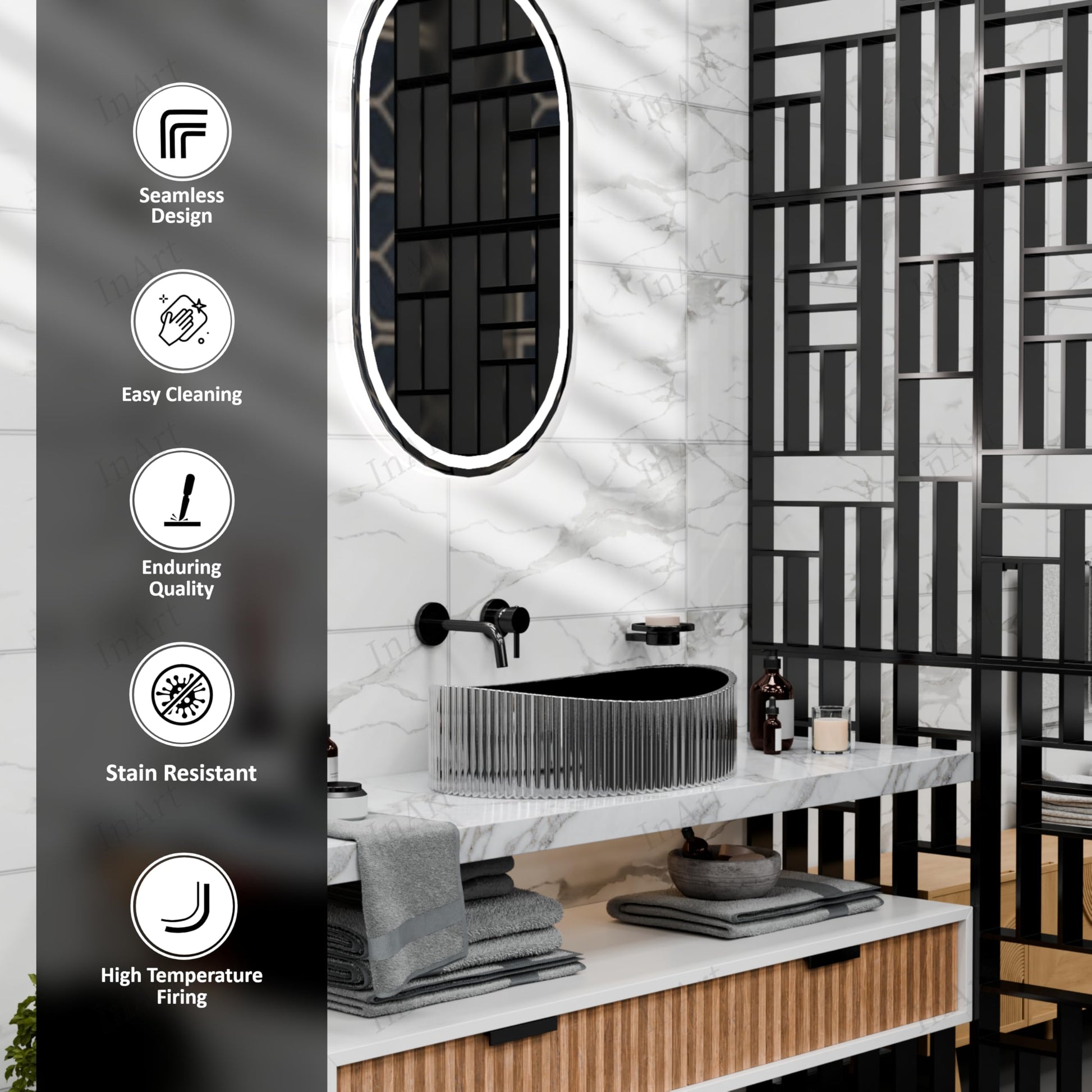 Side view of ribbed textured smoked glass oval vessel sink, above-counter installation style bathroom basin