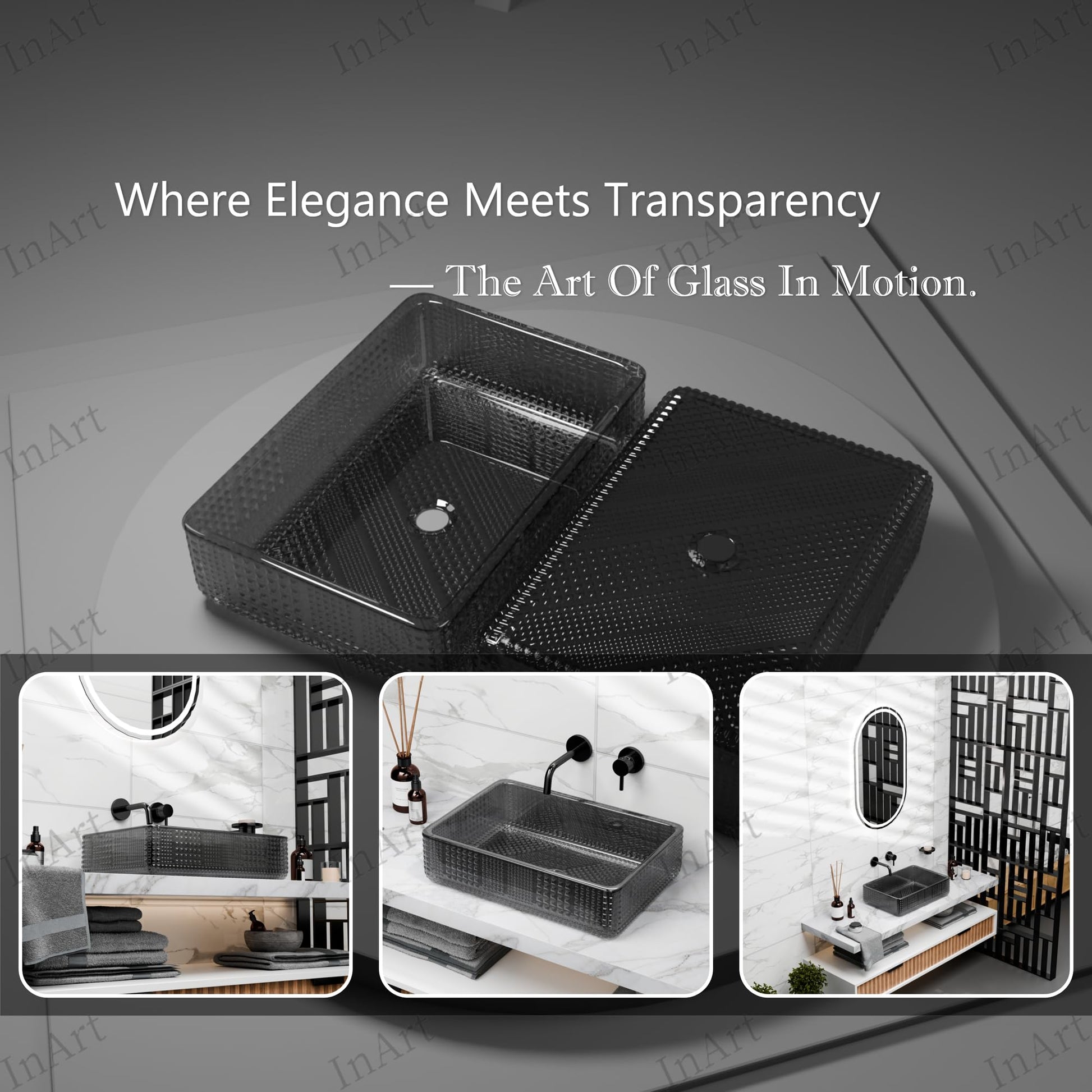 Side detail of textured smoked black tempered glass vessel sink, rectangular above-counter bathroom sink