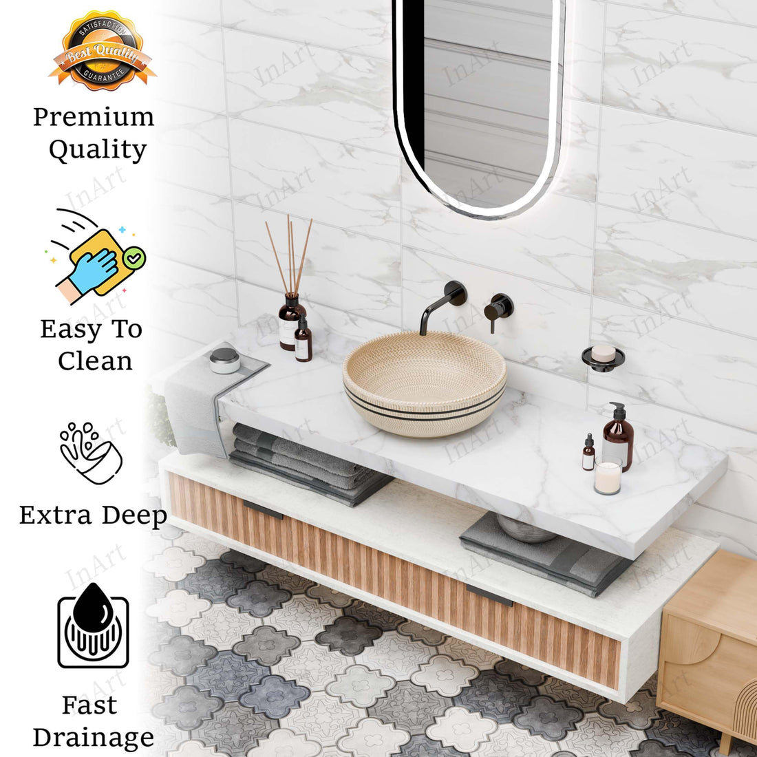 Above-counter vessel sink for bathroom, beige ceramic round bowl with textured geometric pattern, 15.75 in