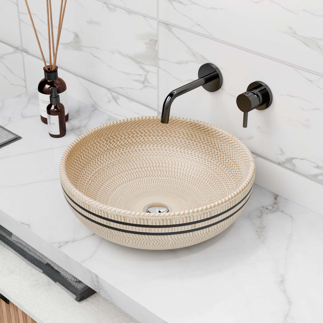 Above-counter vessel sink for bathroom, beige ceramic round bowl with textured geometric pattern, 15.75 in
