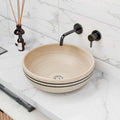 Above-counter vessel sink for bathroom, beige ceramic round bowl with textured geometric pattern, 15.75 in